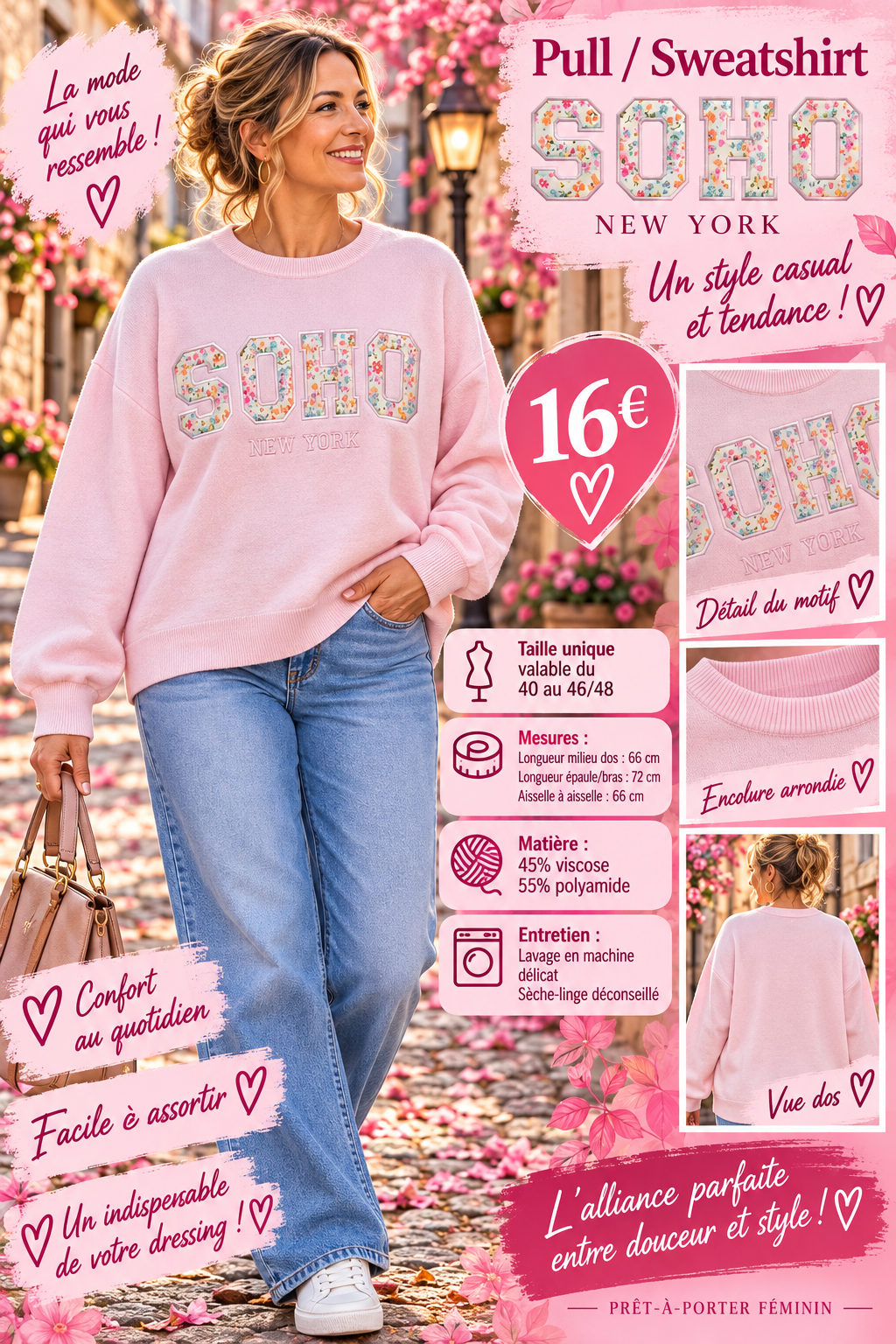 *94 🌸 PULL / SWEATSHIRT SOHO – NEW YORK ROSE🌸