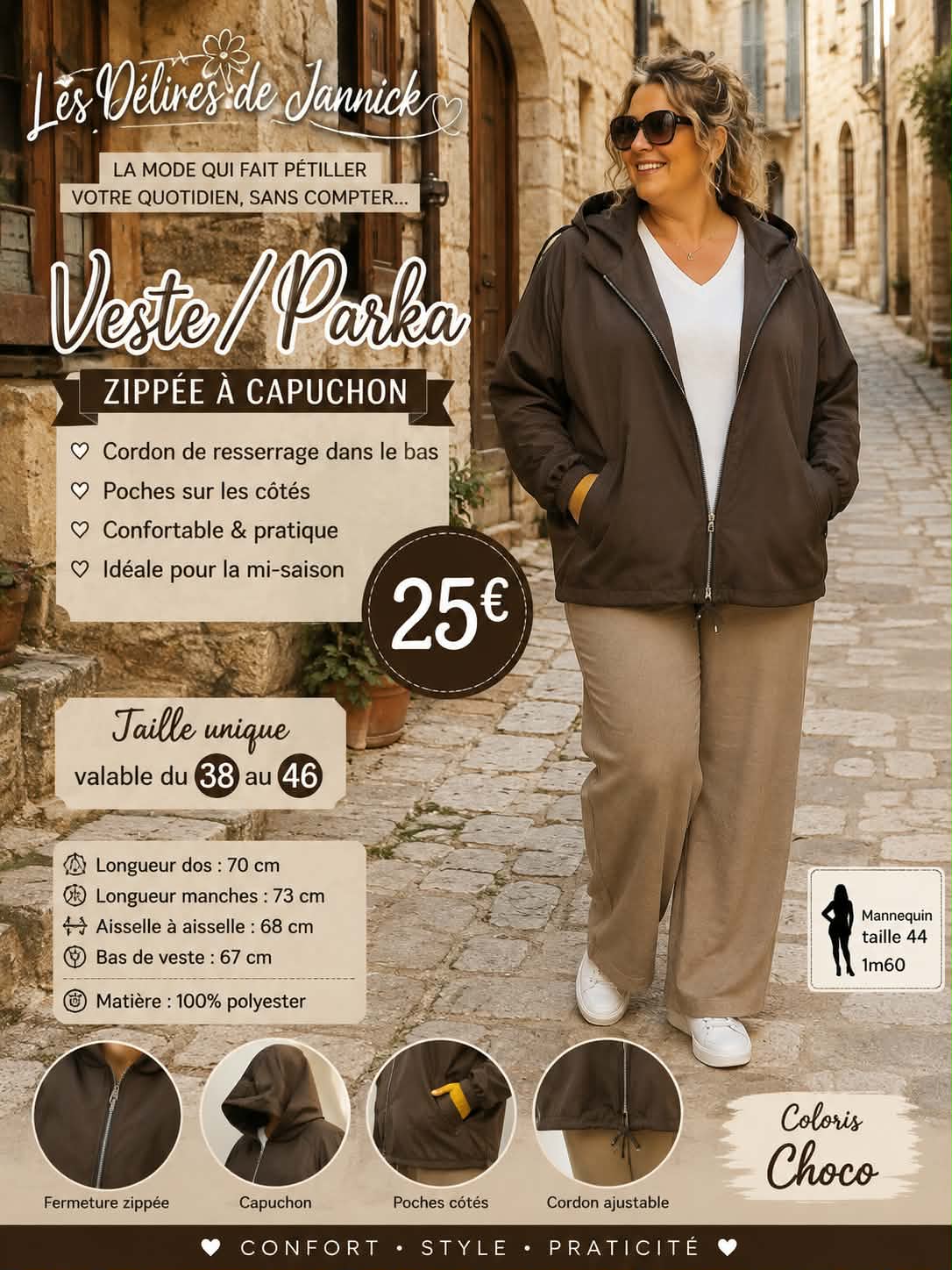 *55 ✨ VESTE / PARKA ZIPPÉE À CAPUCHON – CHOCO ✨