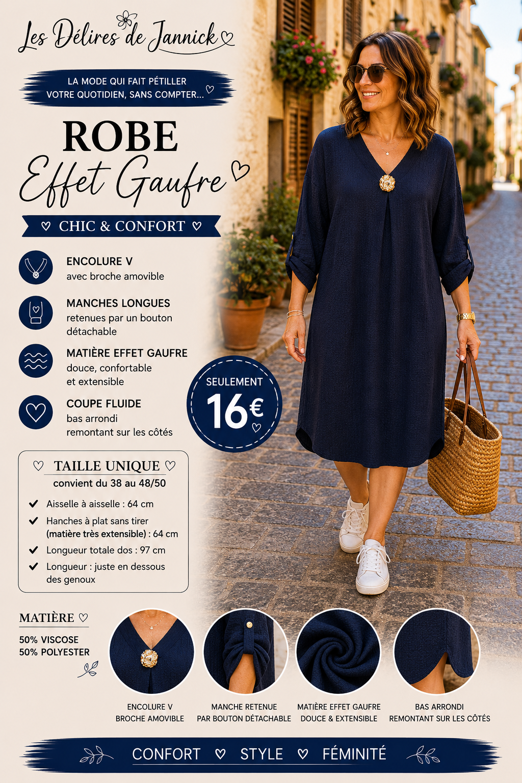 *54 🤎 Robe effet gaufré – Coloris marine 🤎