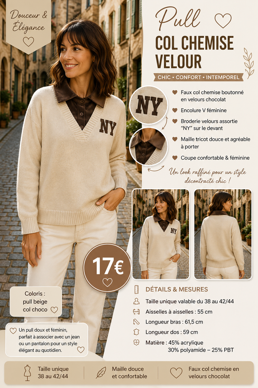 *66 🤎 Pull effet chemise – Chic & tendance beige