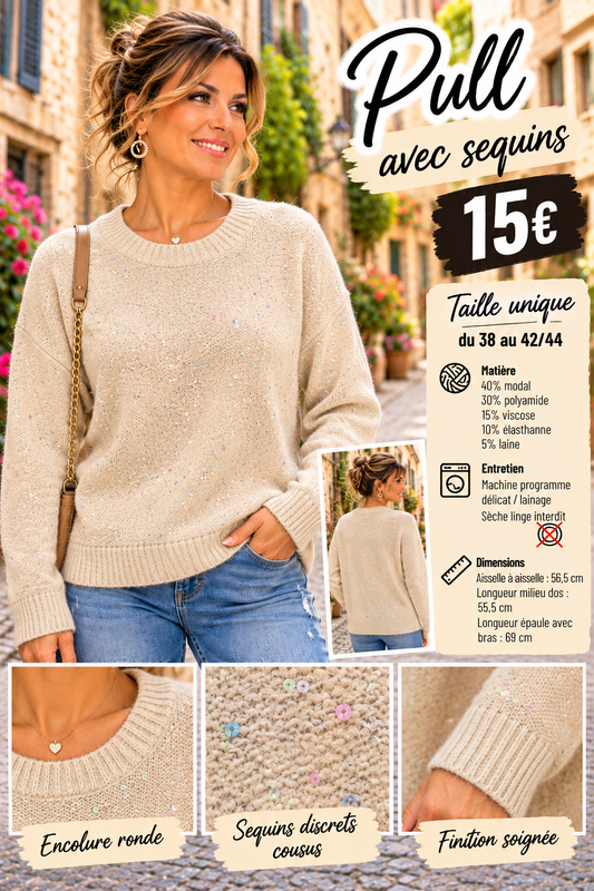 219 Pull en maille douce à sequins discrets – Col rond Coloris BEIGE