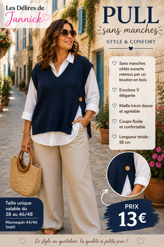 *56 ✨ Pull Bleu Marine sans manches en maille – Chic & facile à porter ✨