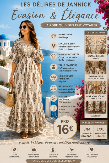 *36 ✨ Robe longue bohème – Fond beige & motif taupe ✨