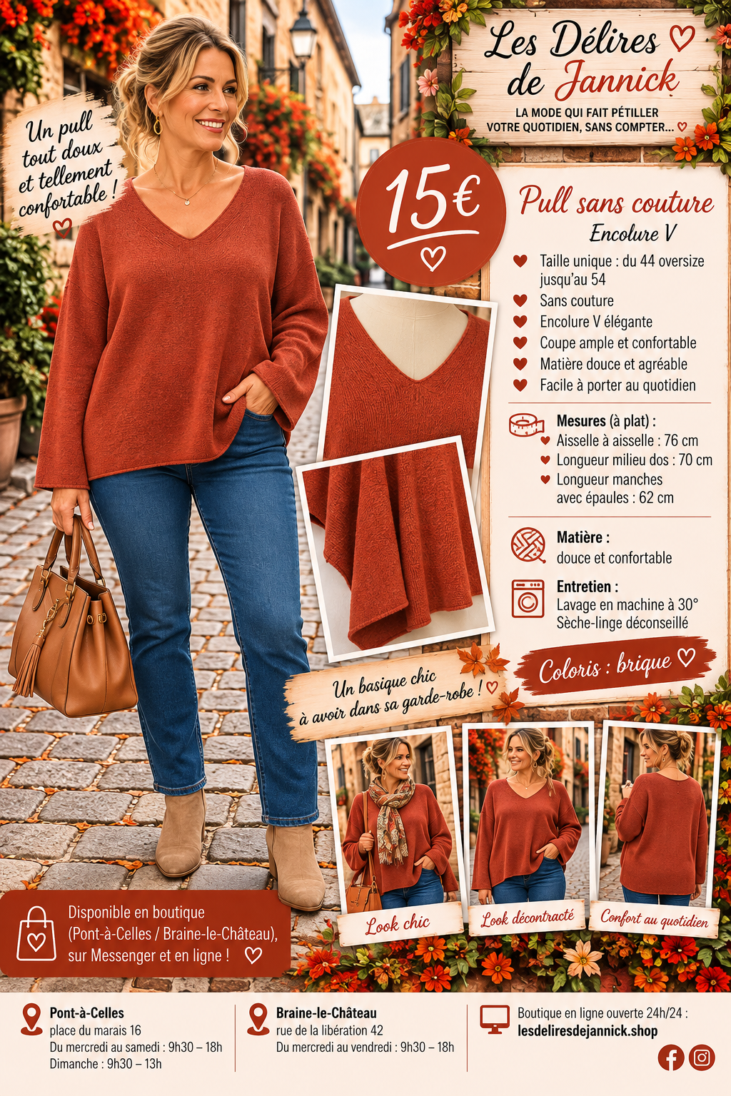 182 🌸 Pull sans couture – Encolure V 🌸Coloris BRIQUE