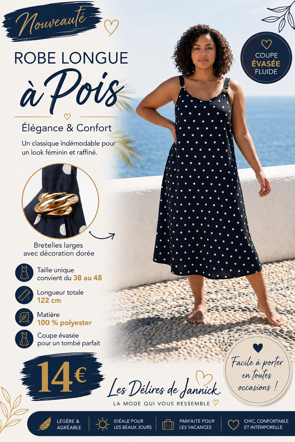 *7 ✨ Robe longue à pois MARINE – Élégance intemporelle