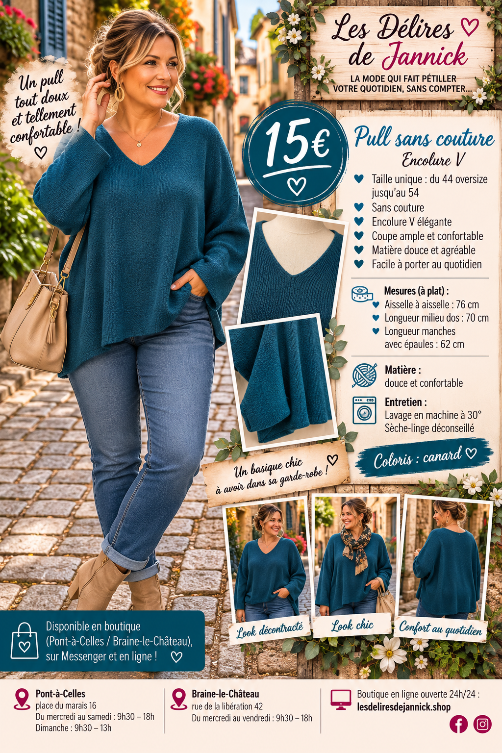 182 🌸 Pull sans couture – Encolure V 🌸Coloris CANARD