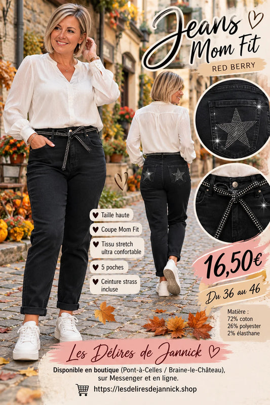 A168-2 noir  🌸 Jeans Mom Fit REDBERRY – Ceinture et étoiles en strass 🌸