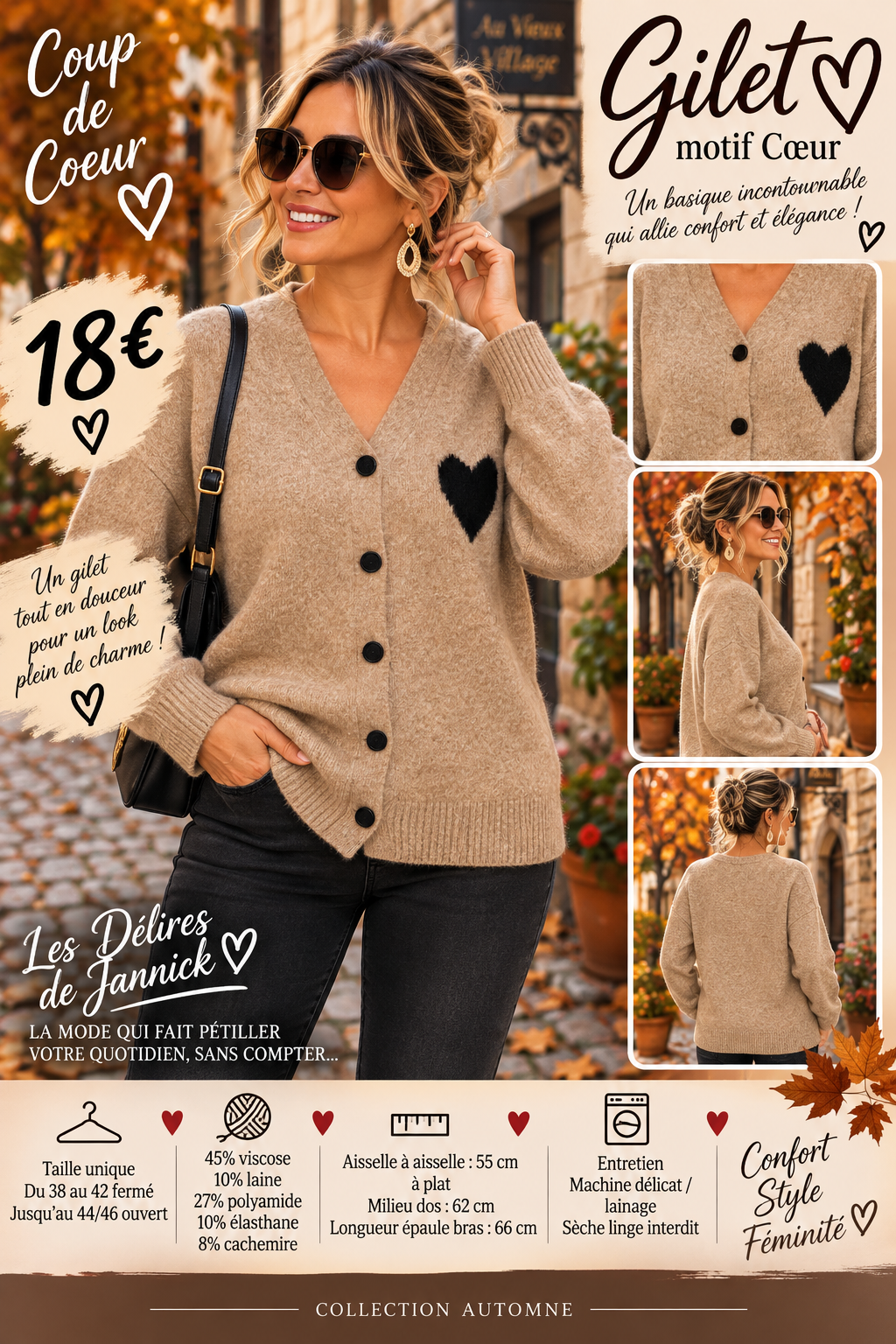 *99 🖤 GILET MOTIF CŒUR 🖤coloris CAMEL