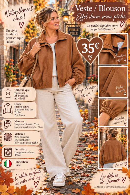 *89 🤎 VESTE / BLOUSON EFFET DAIM « PEAU DE PÊCHE » coloris CAMEL 🤎