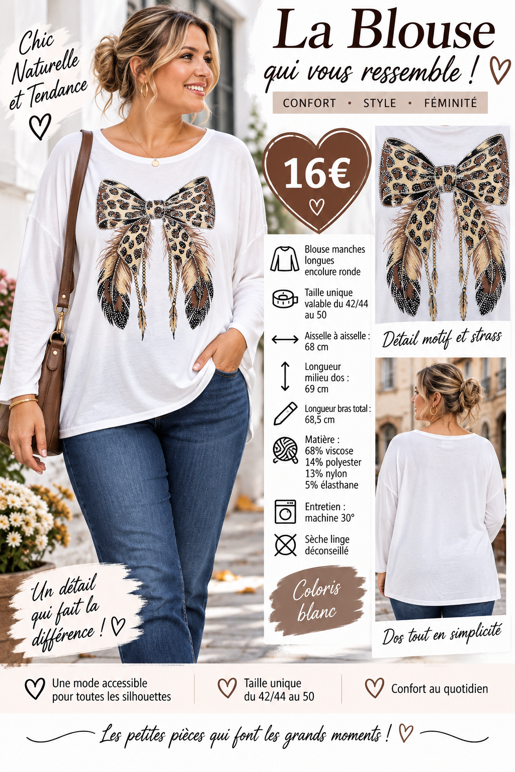 133 🌸 NOUVEAUTÉ – BLOUSE OVERSIZE MOTIF NŒUD LÉOPARD & STRASS 🌸Coloris BLANC