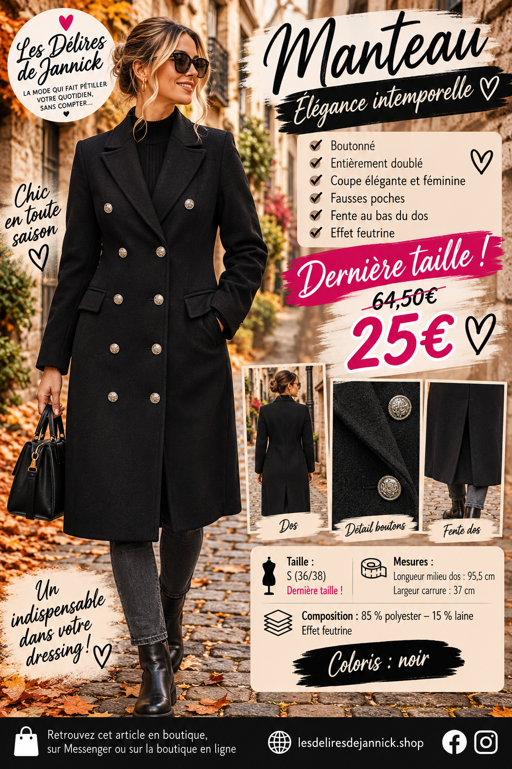 Manteau noir effet feutrine – Boutonnage fantaisie SUPER PROMO taille 36/38