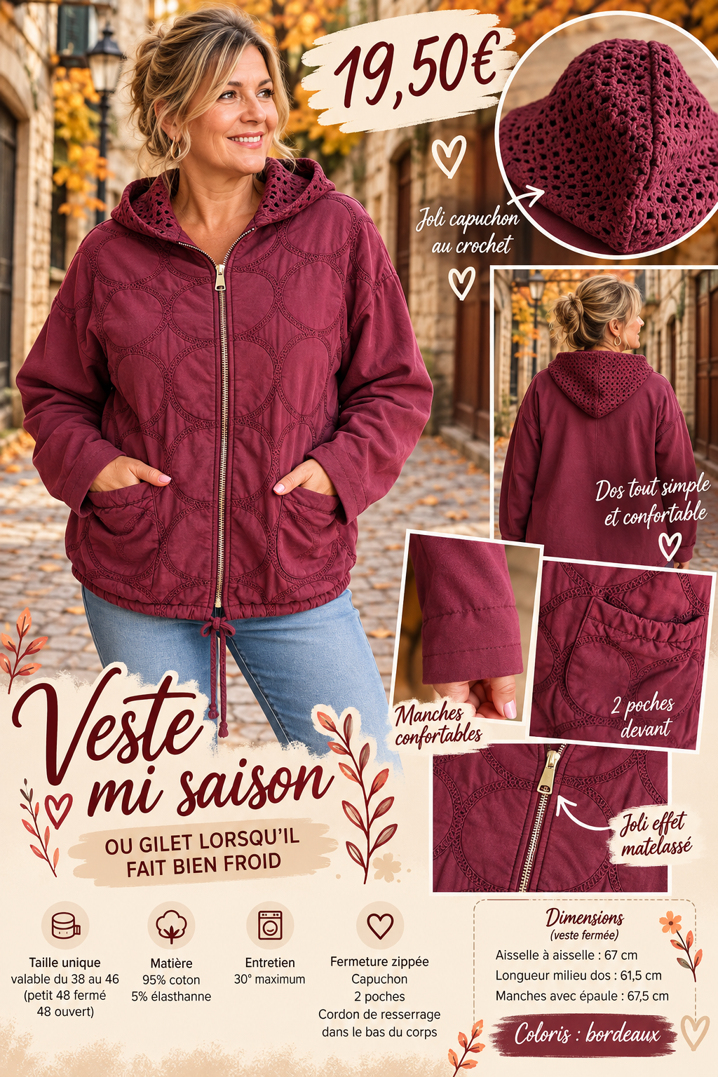 193 🌸 VESTE MI-SAISON / GILET À CAPUCHE – EFFET MATELASSÉ 🌸Coloris BORDEAU