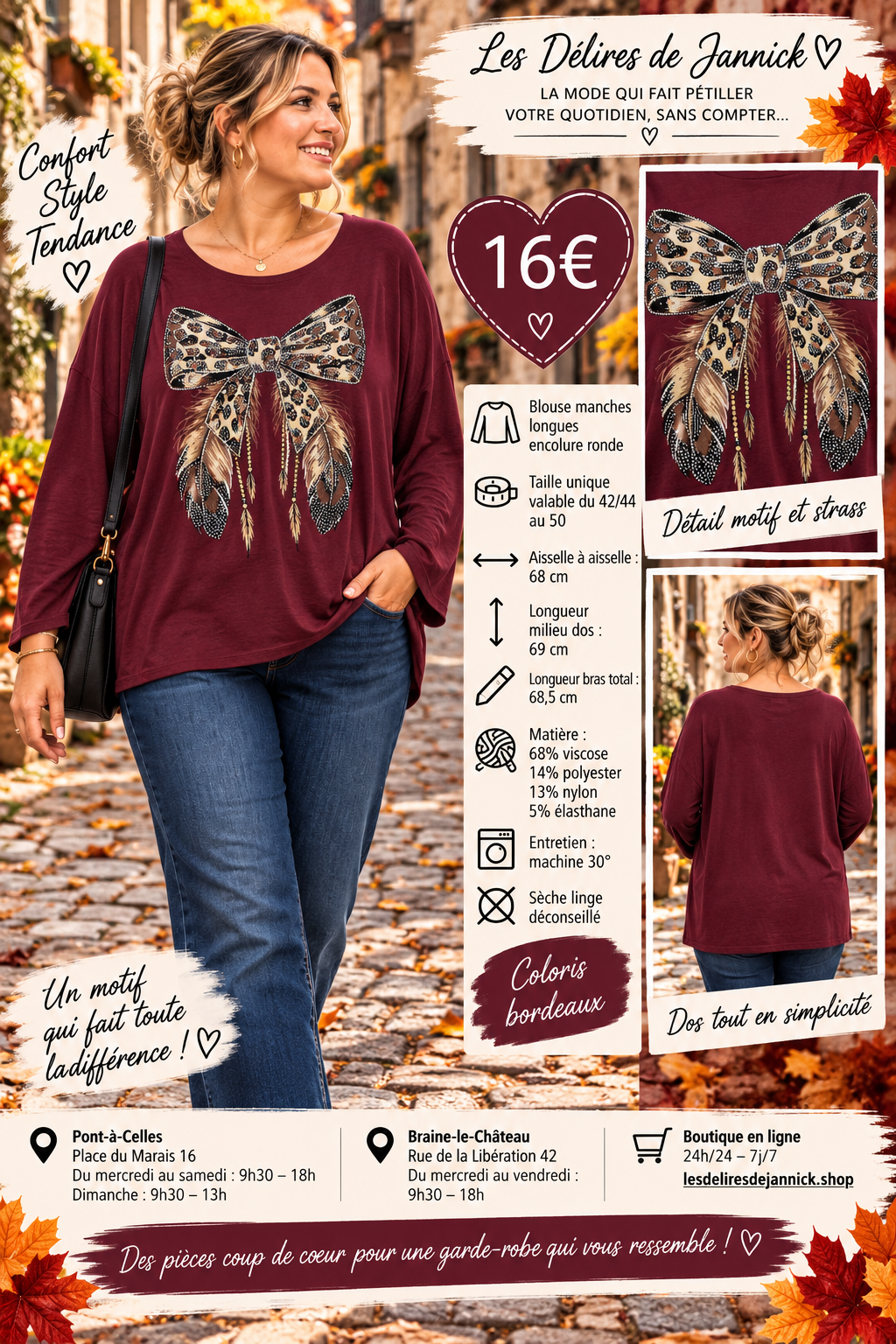 133 🌸 NOUVEAUTÉ – BLOUSE OVERSIZE MOTIF NŒUD LÉOPARD & STRASS 🌸Coloris BORDEAU
