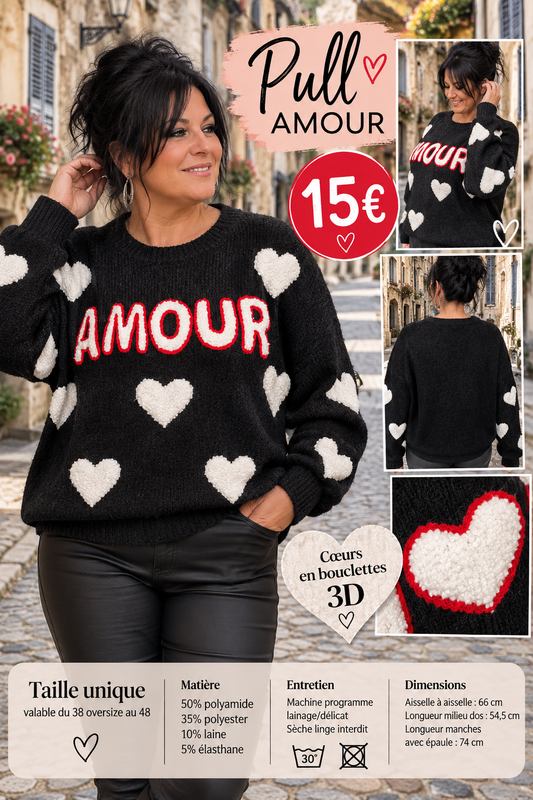 222 ❤️ PULL « AMOUR » – Douceur, confort et fantaisie ❤️Coloris NOIR