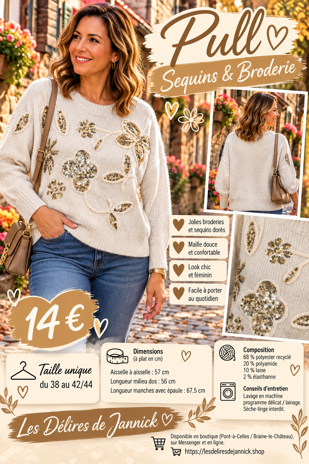 202 🌸 Pull en maille douce – Broderies fleuries & sequins 🌸Coloris BEIGE