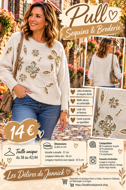 202 🌸 Pull en maille douce – Broderies fleuries & sequins 🌸Coloris BEIGE
