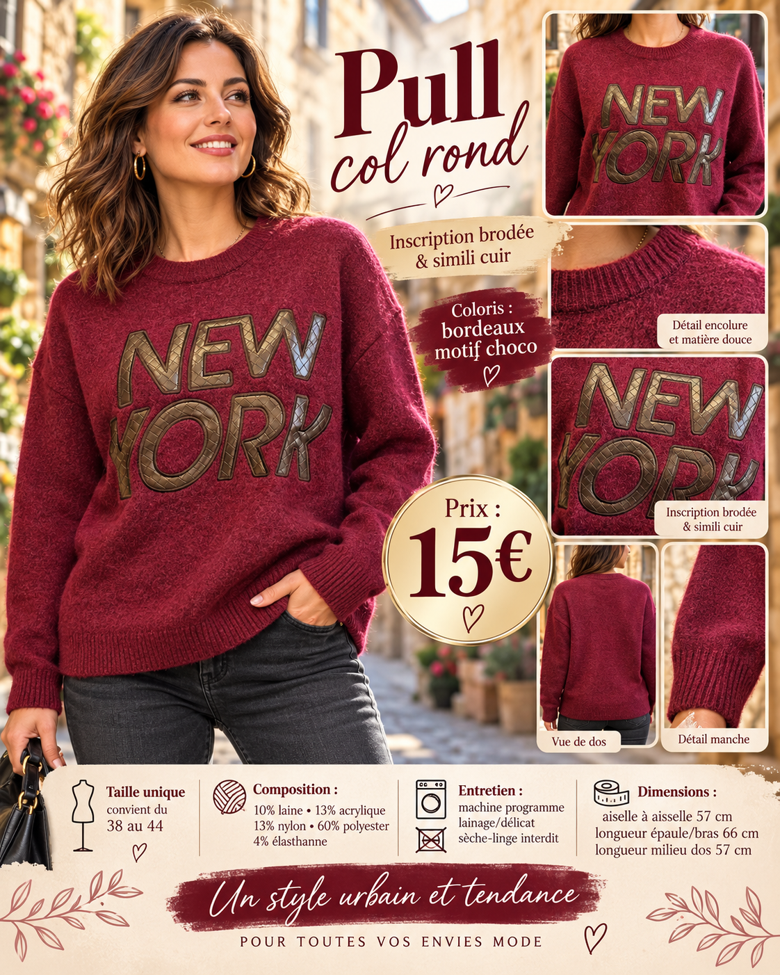 239 🌸 Pull NEW YORK – Inscription brodée et simili cuir 🌸Coloris BORDEAU