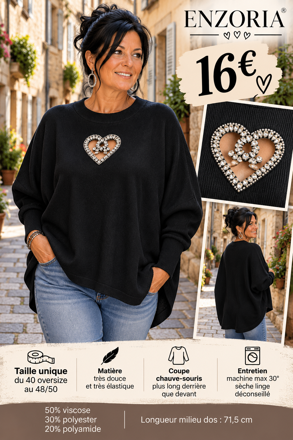 220 Pull chauve-souris ENZORIA – Cœur strass ajouré Coloris NOIR