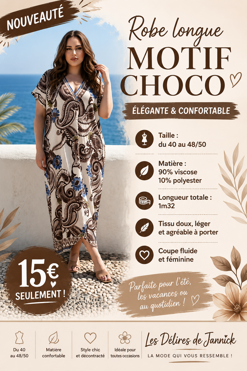 🤎 Robe Longue Motif Choco – Élégance naturelle & confort absolu
