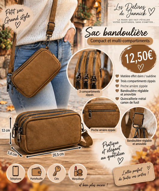👜 Sac bandoulière compact – effet daim / suédine Coloris CAMEL