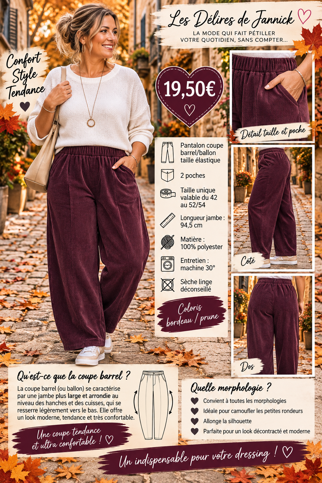 132 🌸 NOUVEAUTÉ – PANTALON COUPE BARREL / BALLON 🌸Coloris bordeau/prune