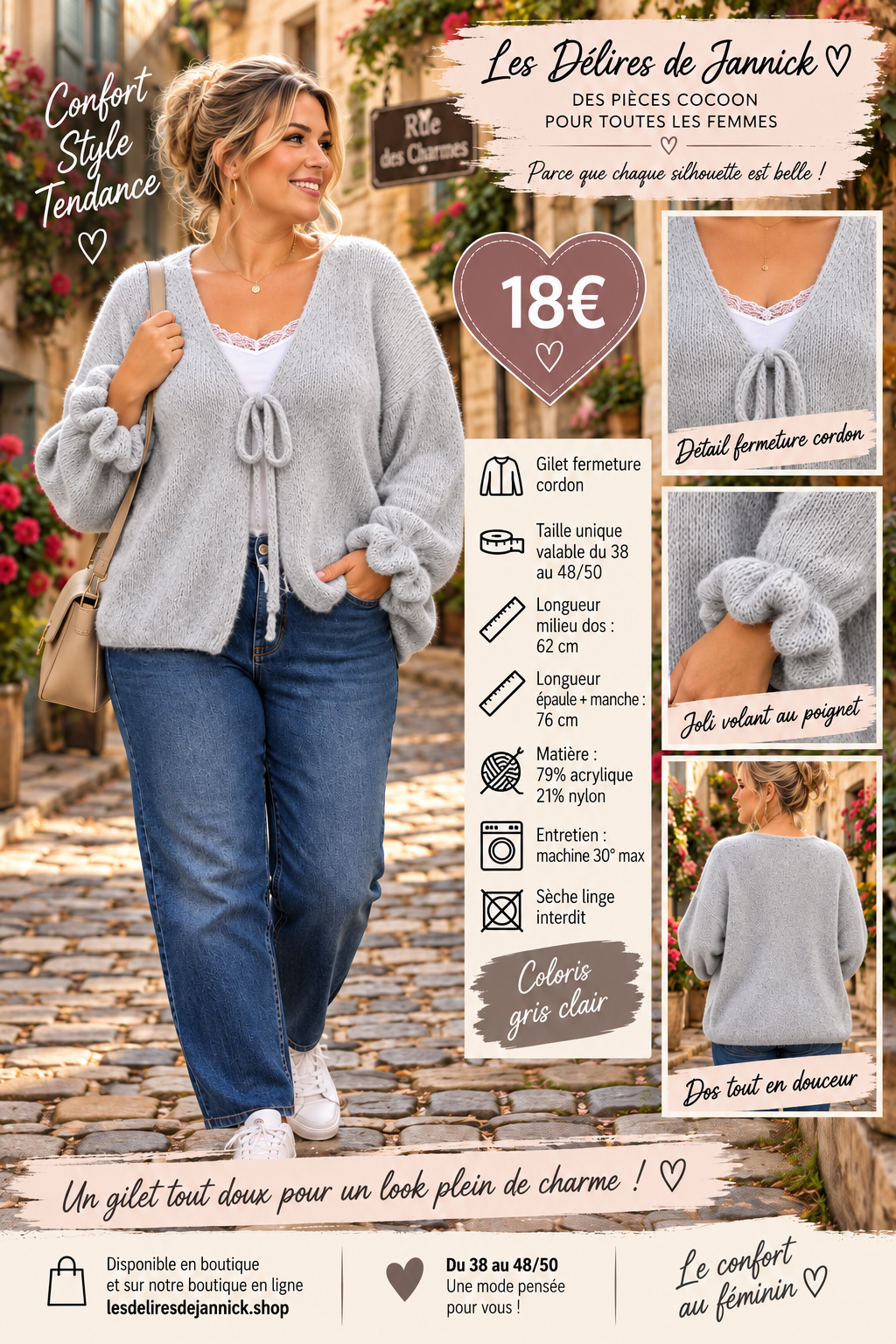 180 🌸 Gilet fermeture cordon – Douceur & féminité 🌸Coloris GRIS CLAIR