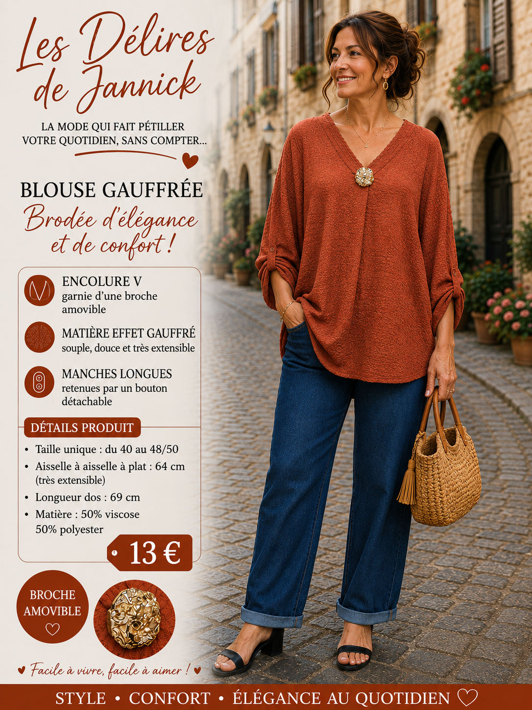 *46 ✨ BLOUSE Brique EFFET GAUFRÉ – ÉLÉGANTE & ULTRA CONFORTABLE ✨