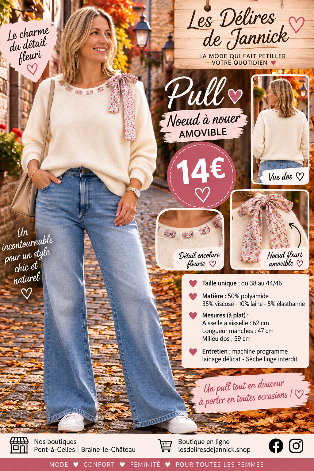 *115 🌸 PULL DOUX & FÉMININ – LE DÉTAIL FLEURI QUI FAIT CRAQUER ! 🌸Coloris BEIGE
