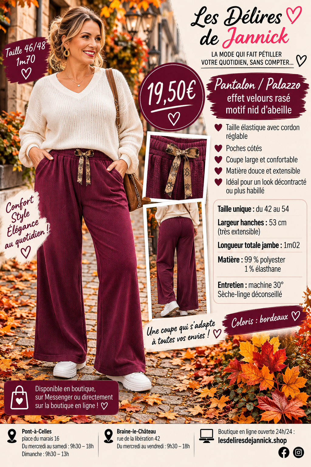 129 PANTALON / PALAZZO EFFET VELOURS RASÉ – ULTRA CONFORTABLE Coloris BORDEAU