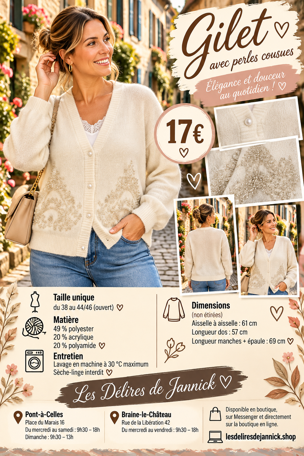 141  🌸 Gilet boutonné à perles – Élégance & douceur 🌸Coloris BEIGE