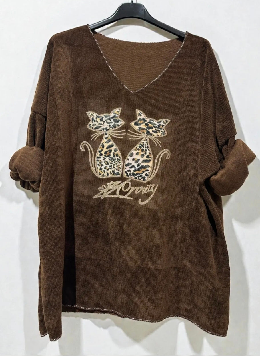 Pull effet velour chat leopard
