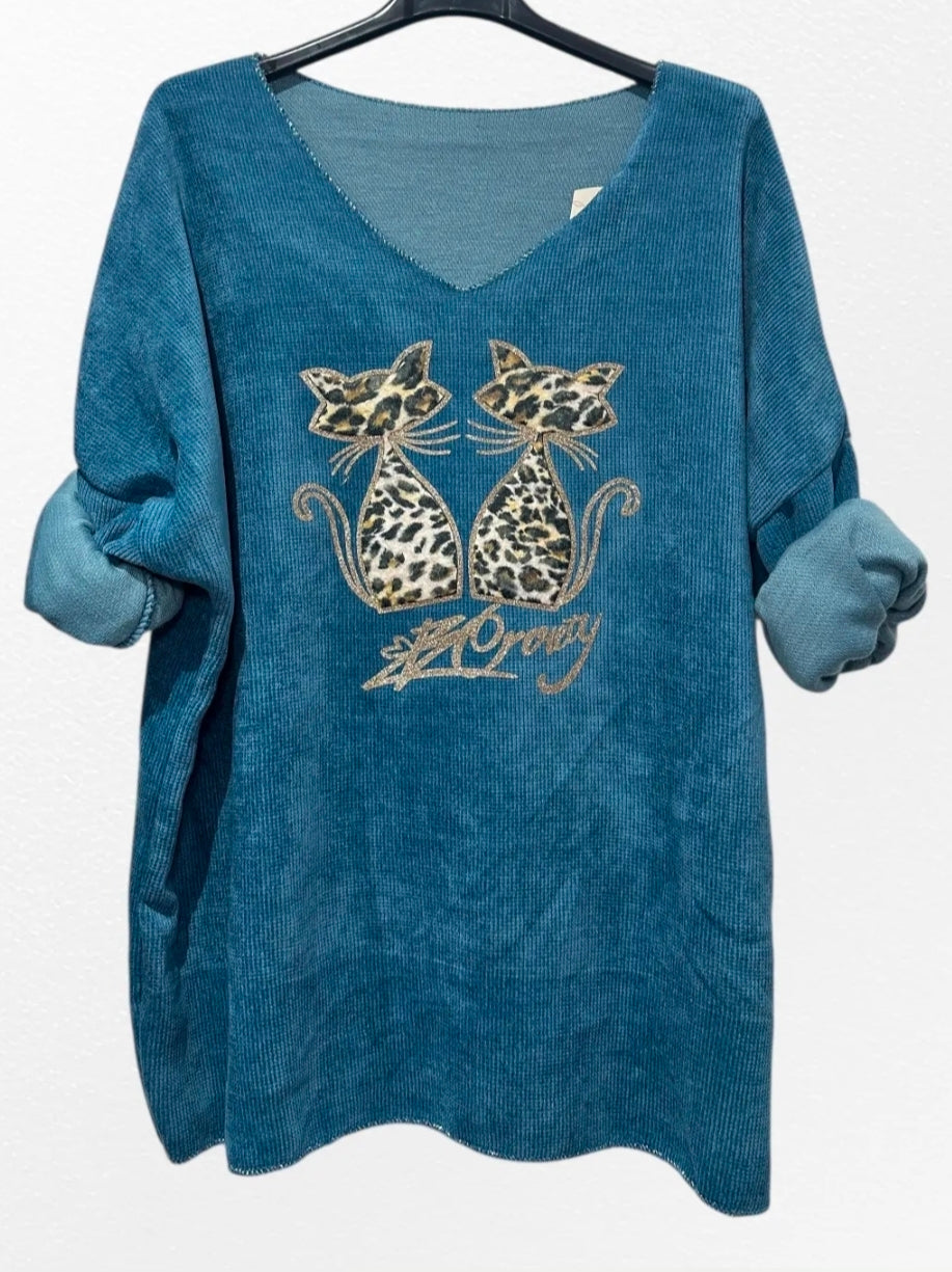 Pull effet velours chats leopard