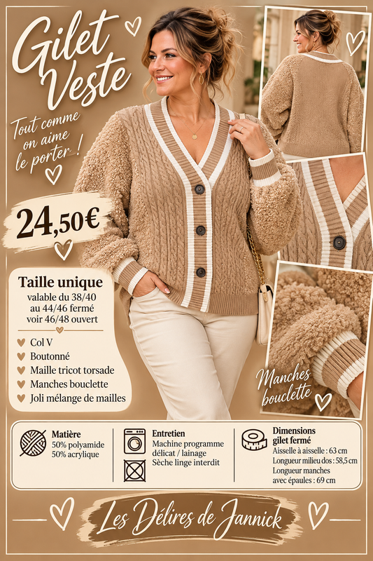 206 🌸 Gilet / Veste en maille torsadée – Manches bouclette 🌸Coloris CAMEL