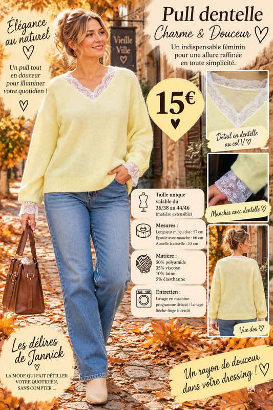 *95 💛 Pull dentelle JAUNE – douceur & féminité 💛