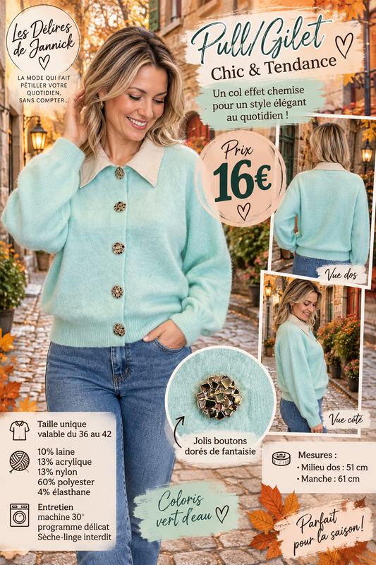 *100 💚 PULL/GILET COL CHEMISE  coloris Vert D eau💚