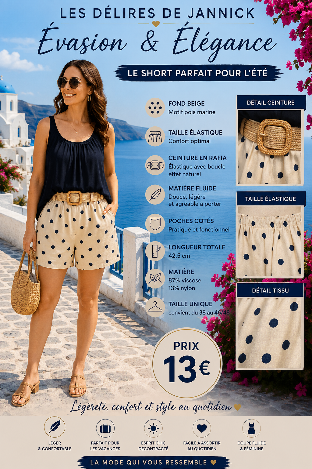 *35 ✨ Short fluide à pois – Fond beige &motif marine ✨
