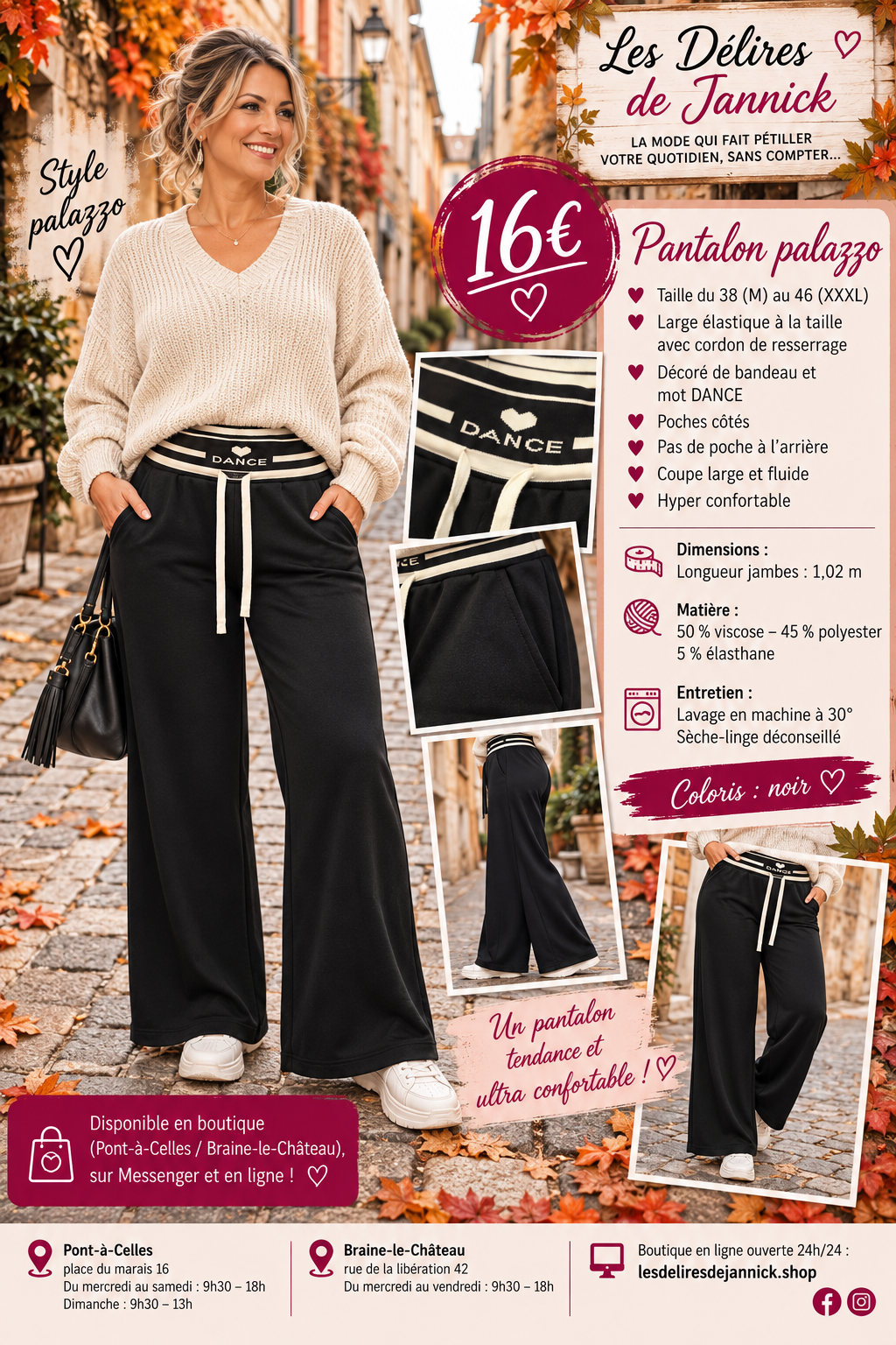 191 🌸 Pantalon Palazzo – Confort & Style 🌸Coloris fond NOIR