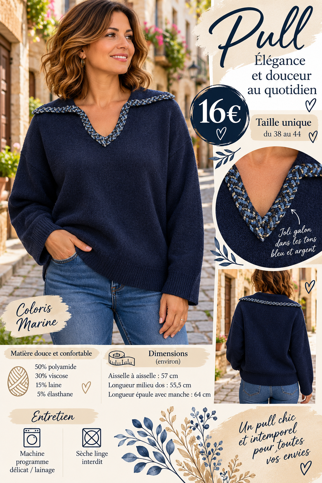171 🌸 PULL DOUX – DÉTAIL GALON BLEU & ARGENT 🌸Coloris MARINE