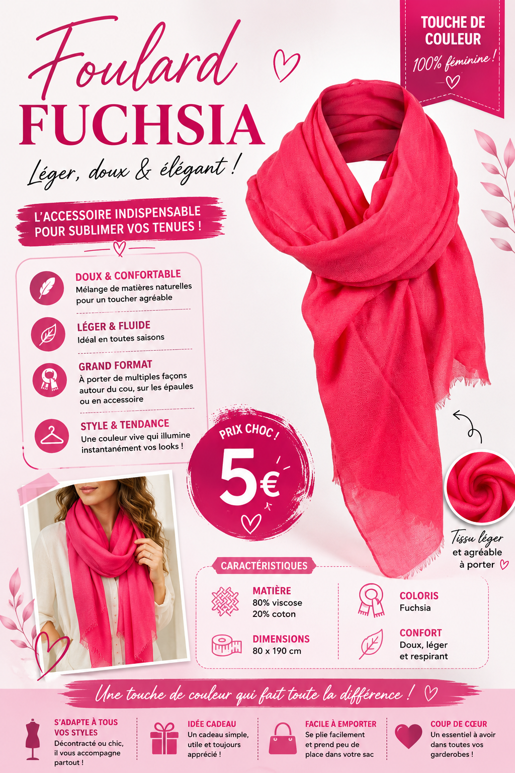 💖 Foulard Uni Fuchsia – Léger & Élégant