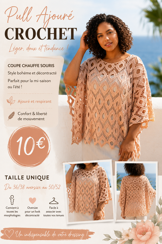 ✨ Pull ajouré en crochet – Esprit bohème & confort absolu