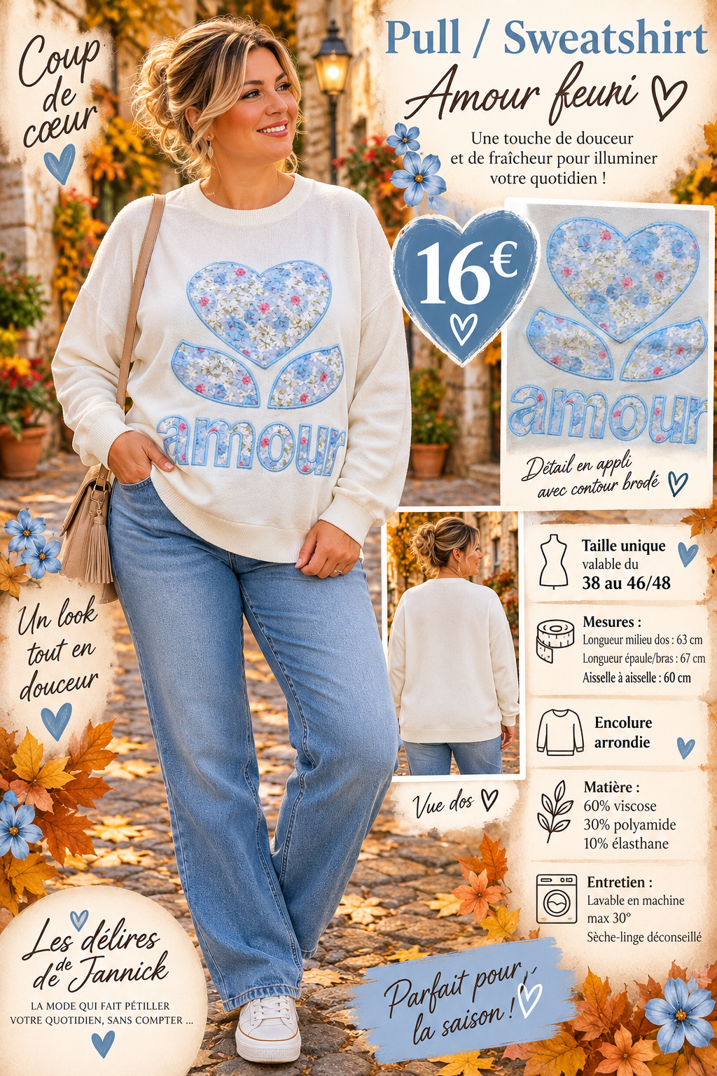 *93 💙 PULL / SWEATSHIRT « AMOUR FLEURI BLEU » 💙