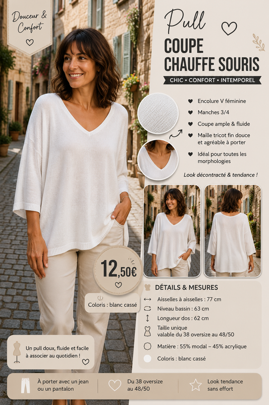 *59 💚 Pull coupe chauve-souris – Coloris blanc casser