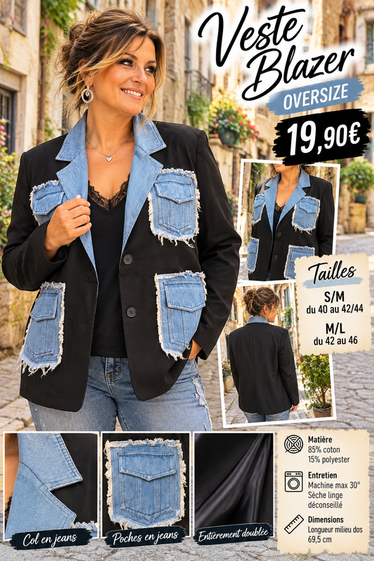 225 Veste Blazer Oversize – Col et poches en jeans Coloris NOIR