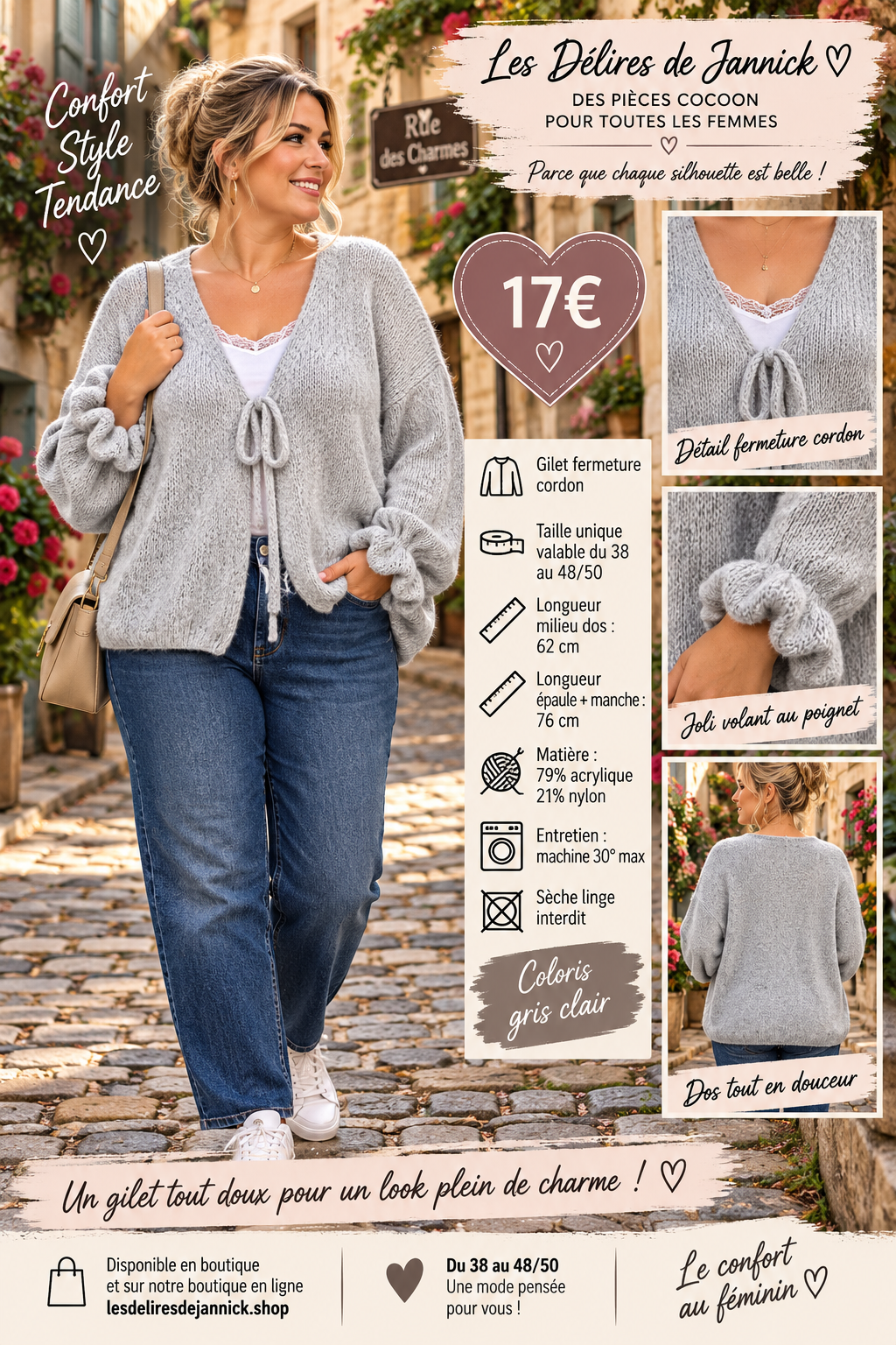 135 🌸 NOUVEAUTÉ – GILET GROSSE MAILLE À NOUER 🌸Coloris GRIS CLAIR