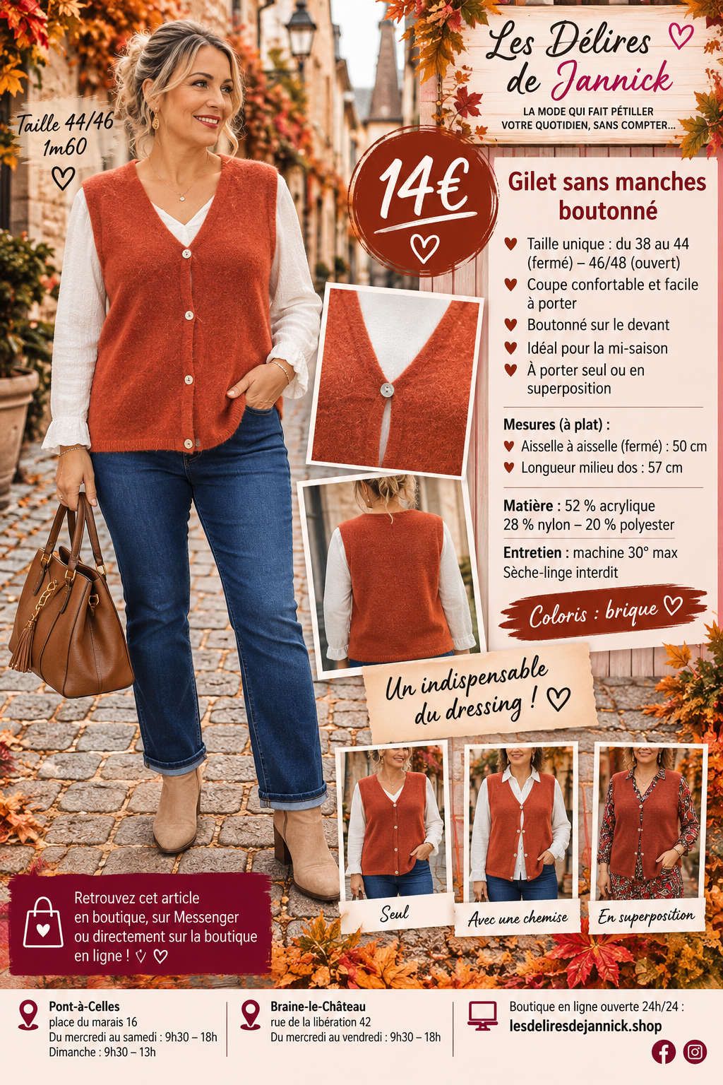 131 GILET SANS MANCHES BOUTONNÉ – LE PETIT INDISPENSABLE À SUPERPOSER 🤎Coloris  rouille