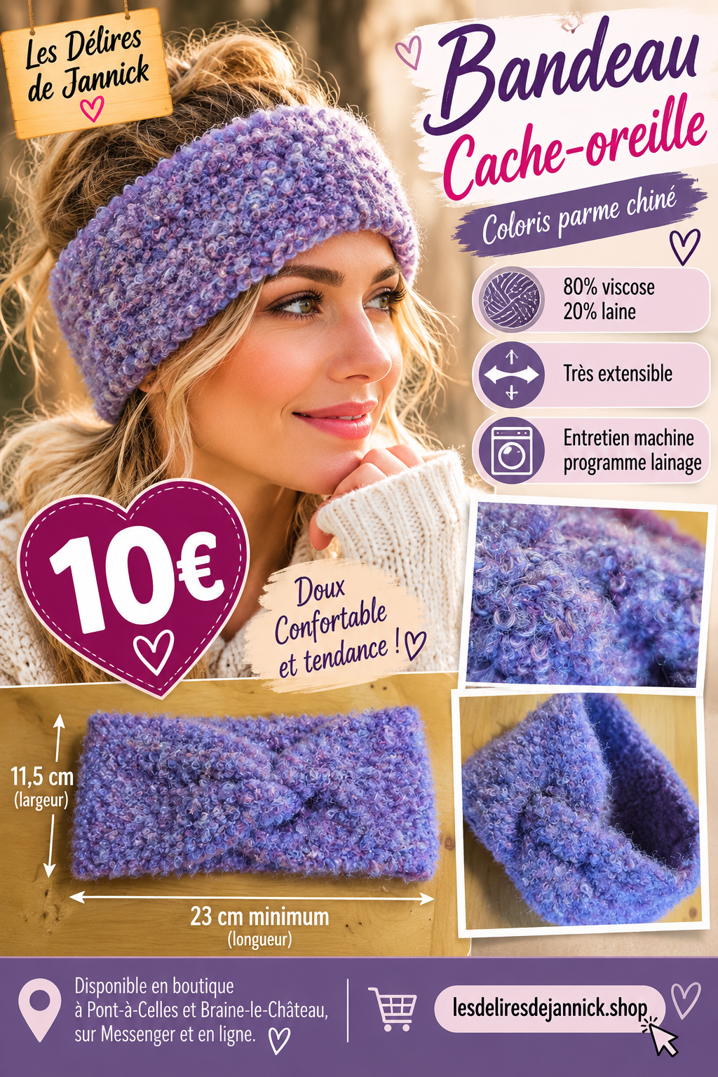 🌸 BANDEAU CACHE-OREILLES EN MAILLE BOUCLÉE 🌸