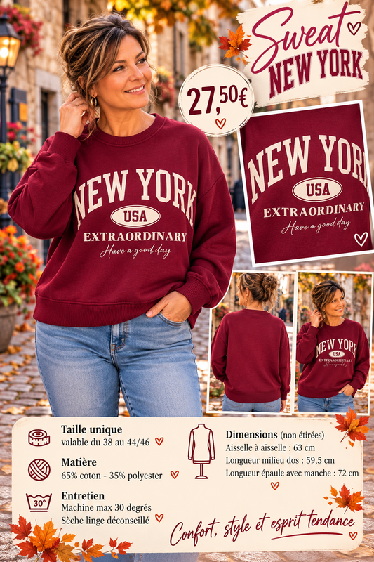 168 🌸 SWEAT NEW YORK – STYLE CASUAL & TENDANCE ❤️✨Coloris BORDEAU