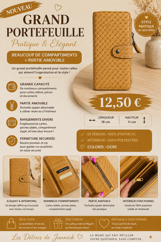 🤎 Grand portefeuille – Coloris ocre