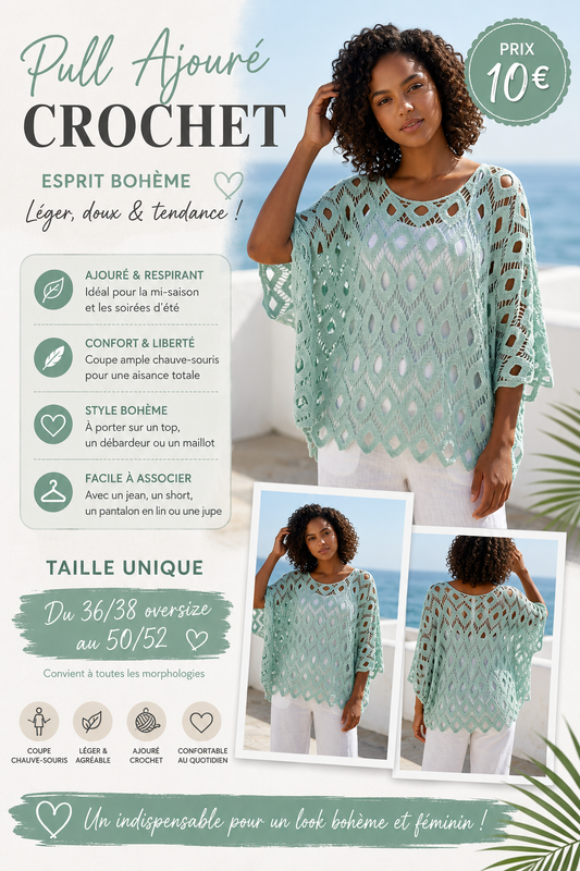 ✨ Pull ajouré en crochet – Esprit bohème & confort absolu