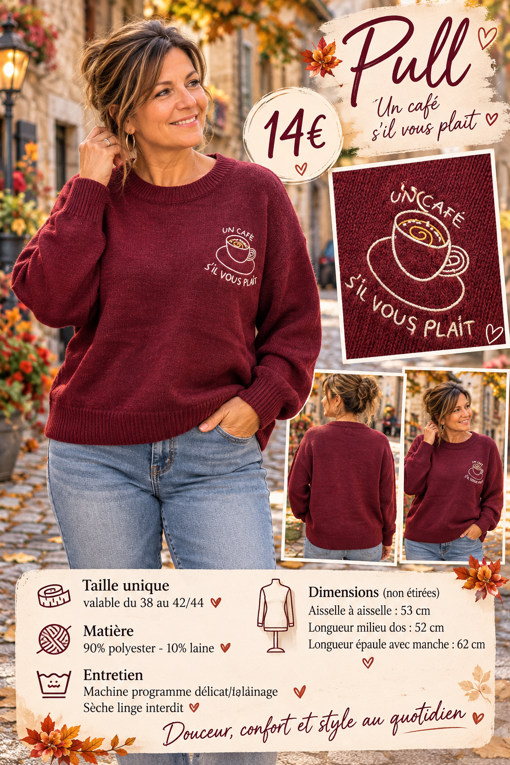 177 🌸 PULL BRODÉ « UN CAFÉ S’IL VOUS PLAÎT » ☕🤎Coloris BORDEAU